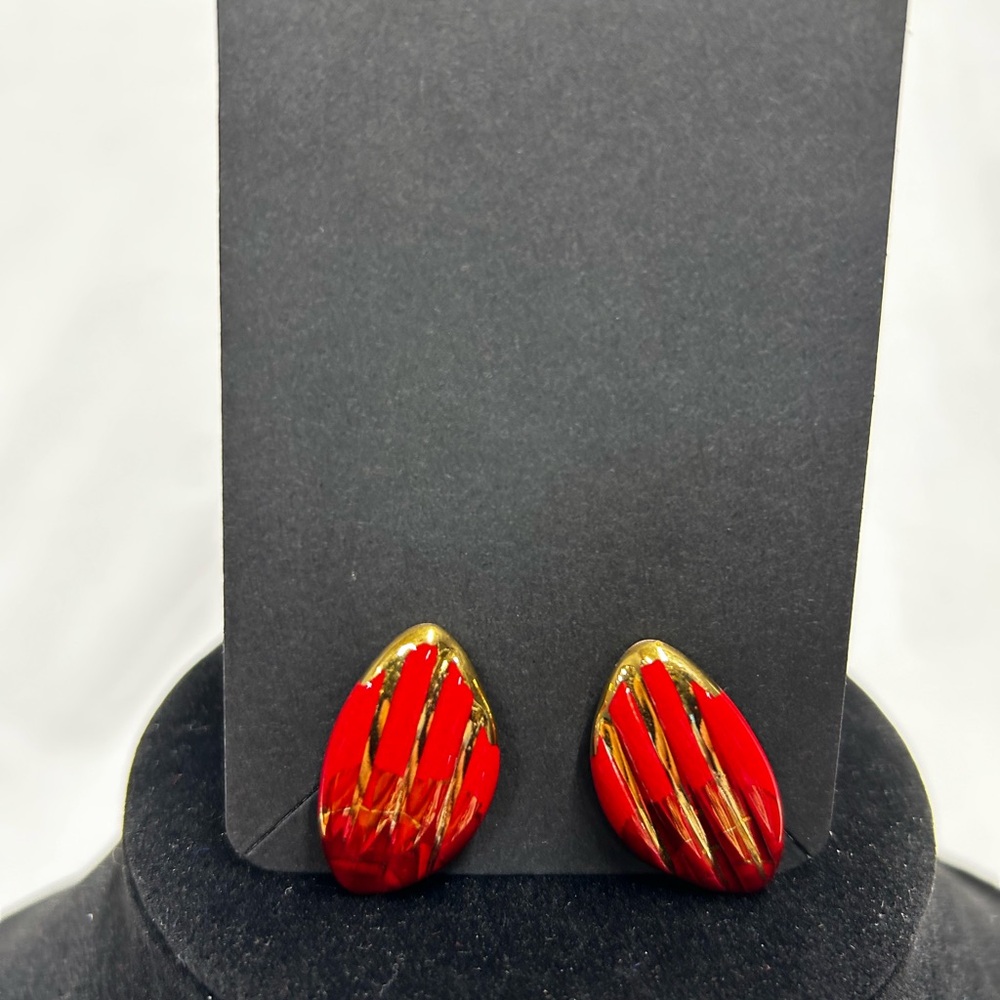 Red Enamel Gold Stripe Clip Earrings Statement Bold Retro